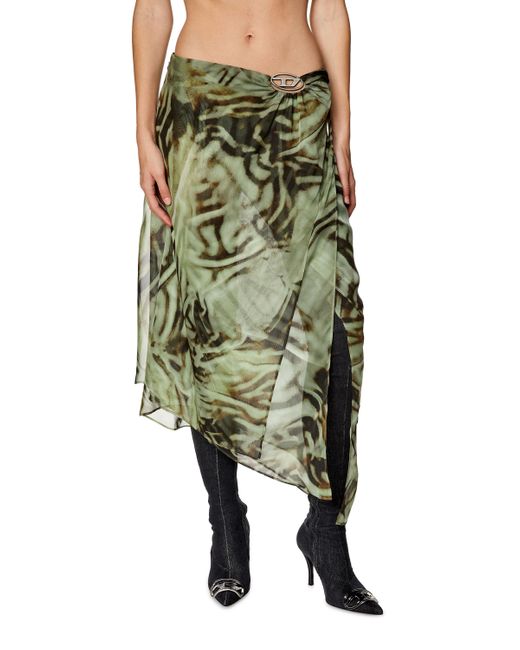 DIESEL Green Asymmetric Midi Skirt In Camo Chiffon
