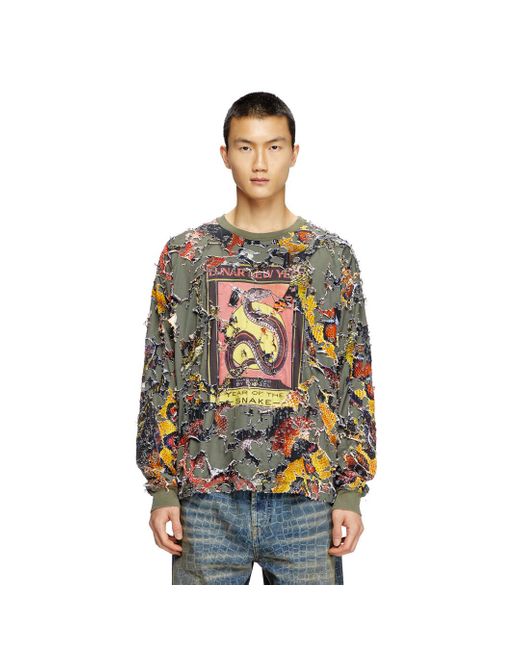 DIESEL Gray Destroyed Snake-print Long-sleeve T-shirt