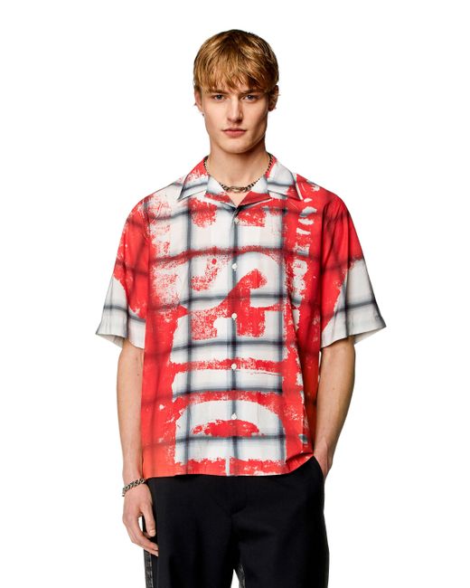 DIESEL Black Check Bowling Shirt With Fading Logo for men