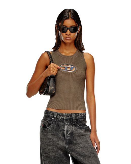 DIESEL Brown Cut-out Knit Top With Logo Plaque