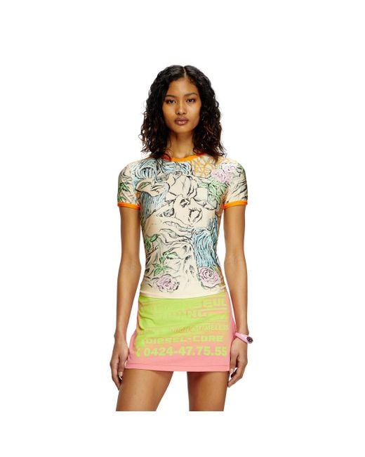 DIESEL Green T-Shirt With Tattoo Print