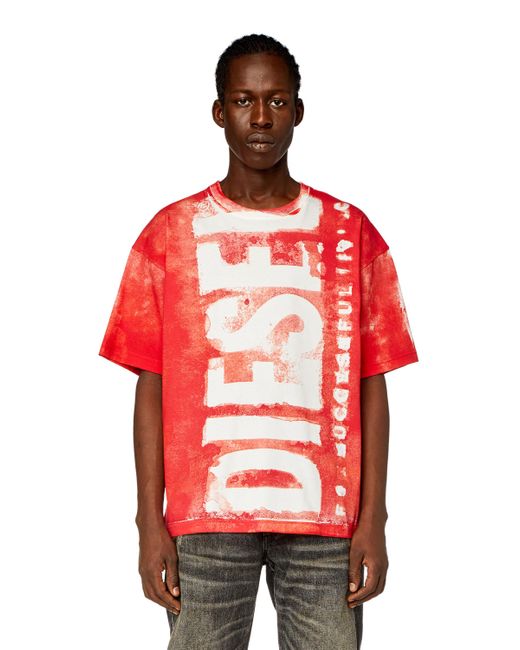 DIESEL Red T-shirt With Maxi Bleeding Logos for men