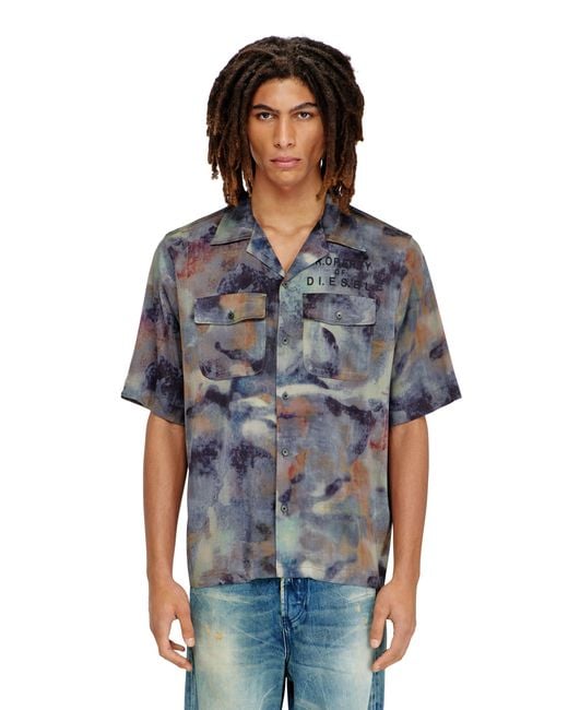 DIESEL Blue Satin Shirt With All-Over Camo Print for men