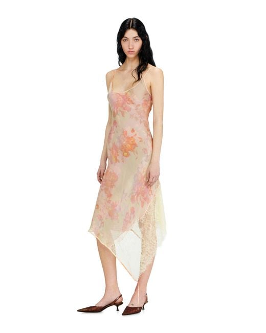 DIESEL White Midi Slip Dress With Floral Print And Lace Trim