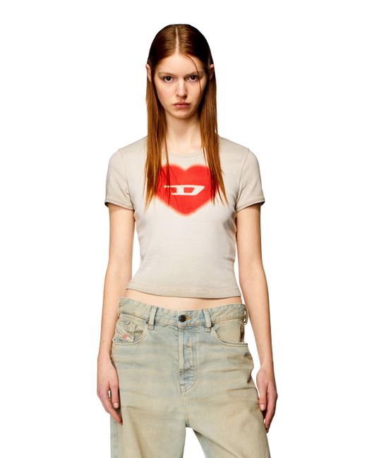 T-shirt a costine con cuore D effetto acquerello di DIESEL in Natural