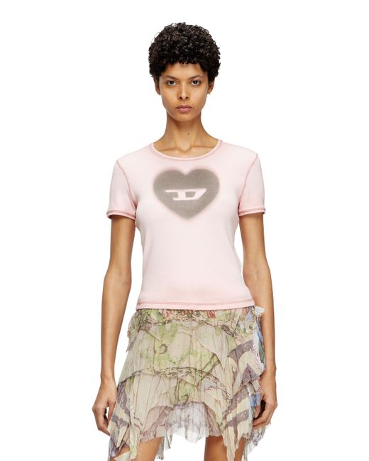 DIESEL White Ribbed T-Shirt With Watercolour Heart D