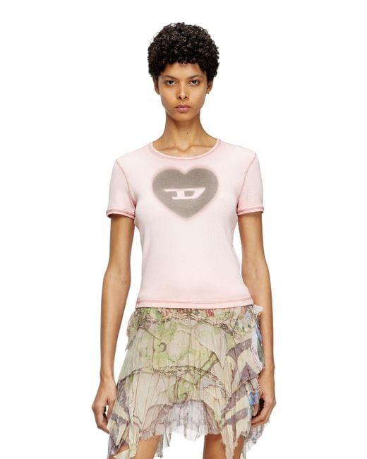 DIESEL White Ribbed T-Shirt With Watercolour Heart D