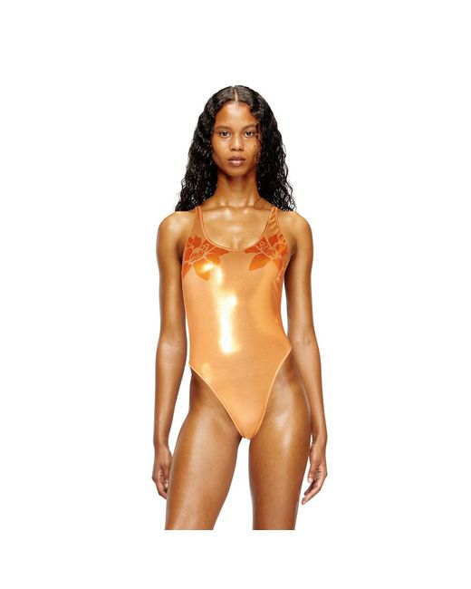 DIESEL Orange Metallic Swimsuit With Lotus Print