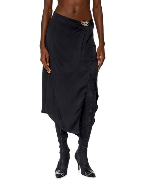 DIESEL Black Asymmetric Midi Skirt In Satin
