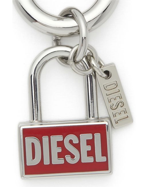DIESEL White Metal Keyring Charm With Padlock Design