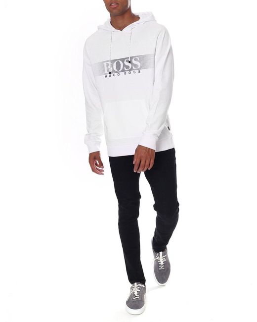BOSS by HUGO BOSS Relaxed Fit Pullover Hooded Sweat Top in White for Men |  Lyst UK