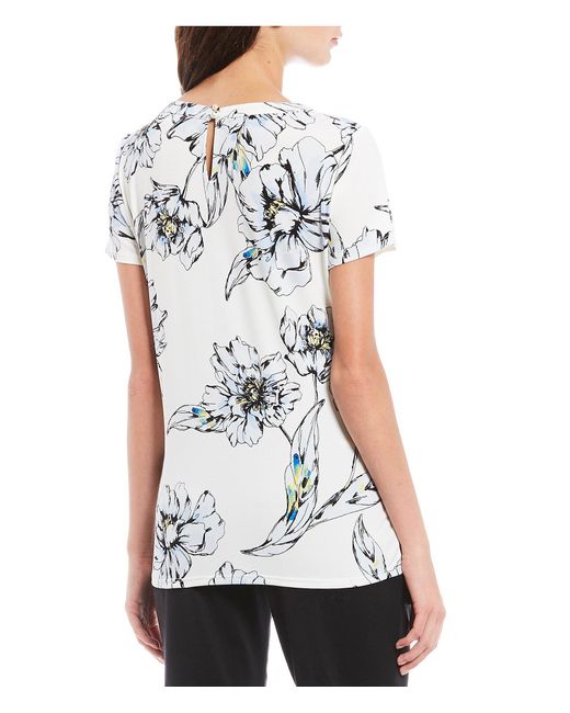 Karl Lagerfeld Floral Print Pleated Ruffle Short Sleeve Knit Top In White Lyst