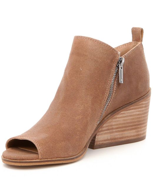 Lucky brand Sinzeria Leather Peep-toe Stacked Heel Shooties in Brown | Lyst