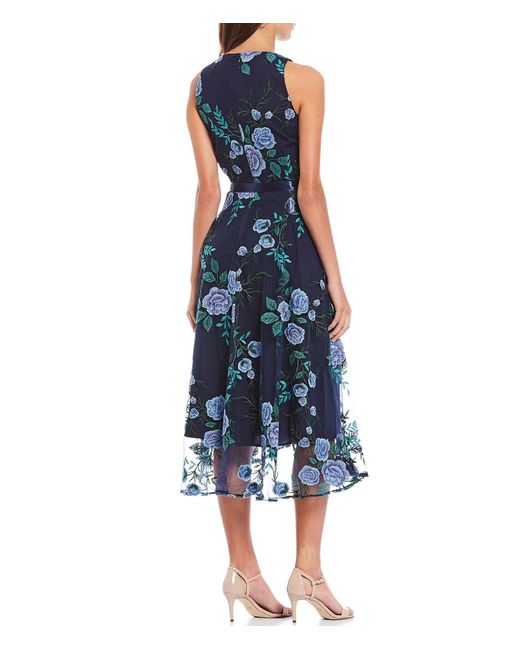 Tahari Floral Embroidered Mesh Midi Dress in Navy Blue Green (Blue) - Lyst