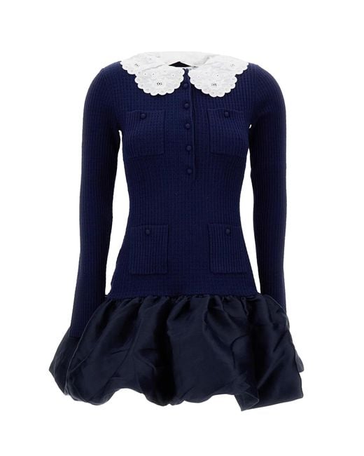 Self-Portrait Blue Fitted Balloon Mini Dress With Lace Collar