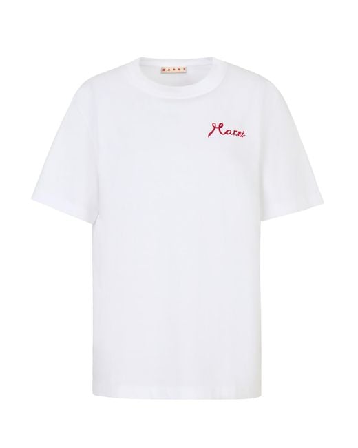 Marni White Logo Embroidered Cotton T-Shirt