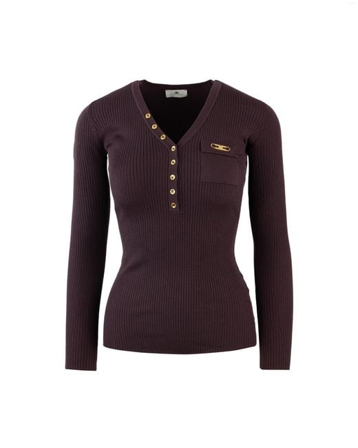 Elisabetta Franchi Purple Maglia A Costine Con Taschino Bordeaux
