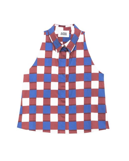 Alpha Studio Red Top Popeline Check