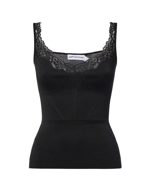 Self-Portrait Black Lace-Trim Fitted Tank Top