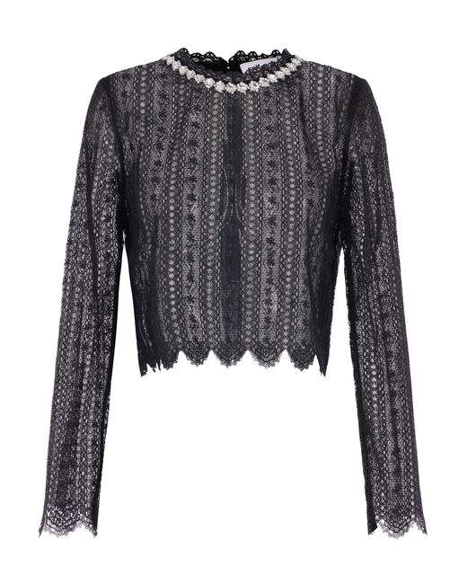 Self-Portrait Black Floral Lace Top With Crystal Detail