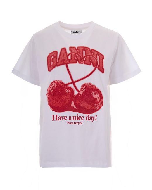Ganni White T-Shirt Cherry Bright
