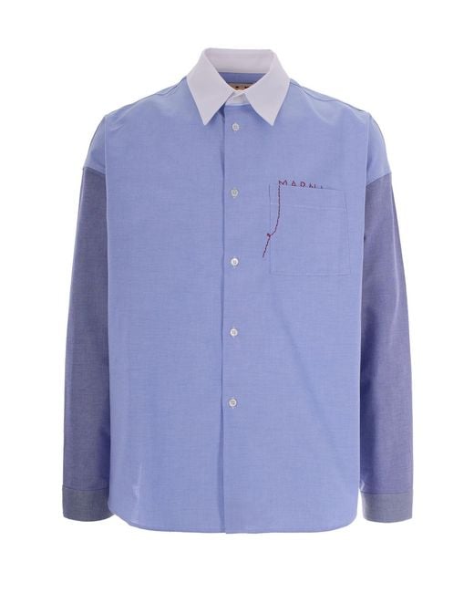 Marni Blue Patchwork Embroidered Shirt for men