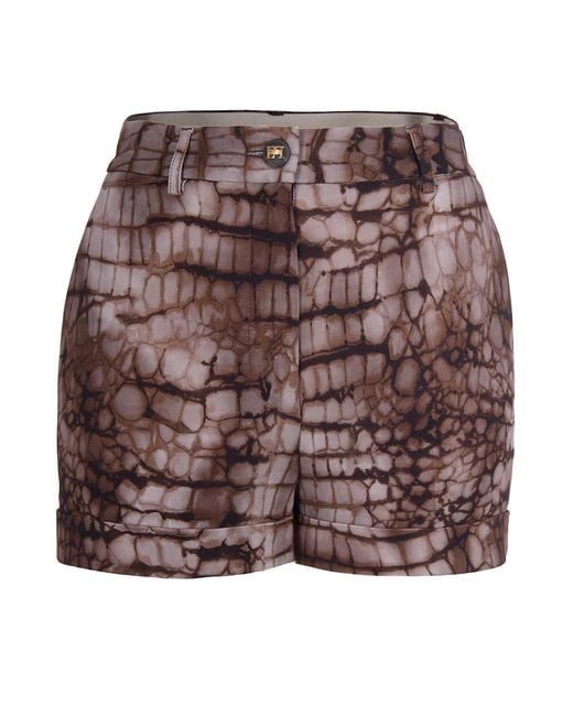 Elisabetta Franchi Brown Cuffed Jersey Shorts With Alligator-Inspired Print