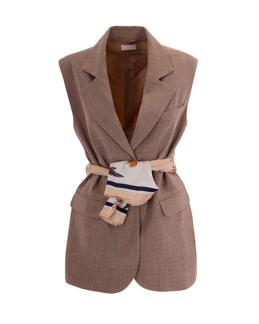 Liu Jo Brown Sleeveless Tailored Blazer Vest With Waist Tie
