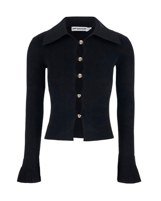 Self-Portrait Blue Fitted Ribbed Knit Cardigan With Bold Front Cutouts