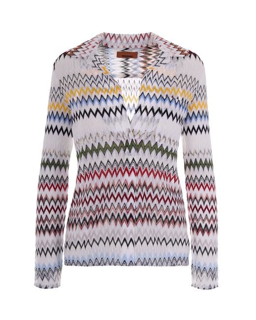 Missoni White Zig Zag Viscose Polo Shirt