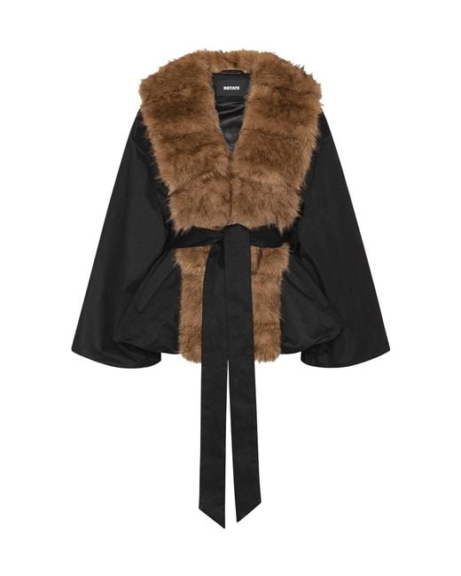 ROTATE BIRGER CHRISTENSEN Black Contrast Textured Jacket With Bold Synthetic Fur Collar