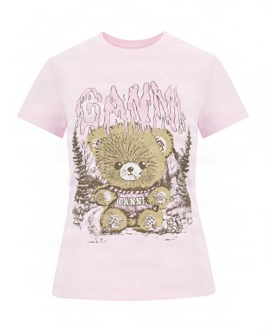 Ganni Pink Graphic Cotton T-Shirt