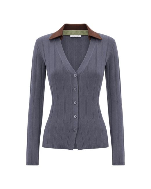 Patrizia Pepe Blue Fitted Ribbed Knit Cardigan With Faux Leather Collar