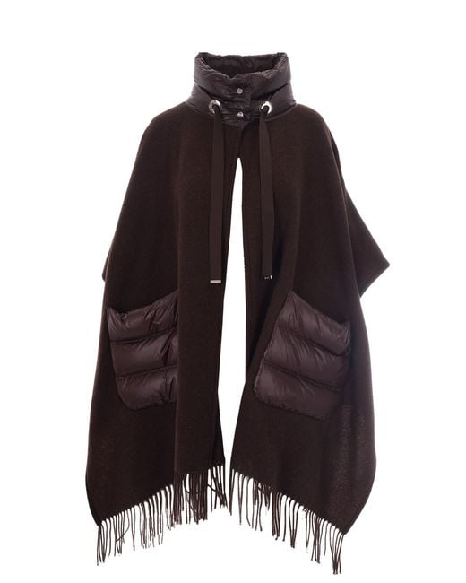 Herno Brown Velvety Cashmere And Wool Poncho With Quilted Detailing