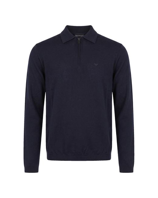 Emporio Armani Blue Half-Zip Virgin Wool Polo Shirt Sweater for men