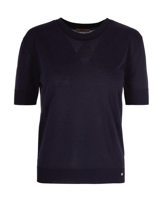 Herno Blue Short-Sleeved Knit Top With Ribbed Details