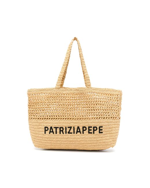 Patrizia Pepe Natural Shopping Bag Intrecciata Con Logo Ricamato