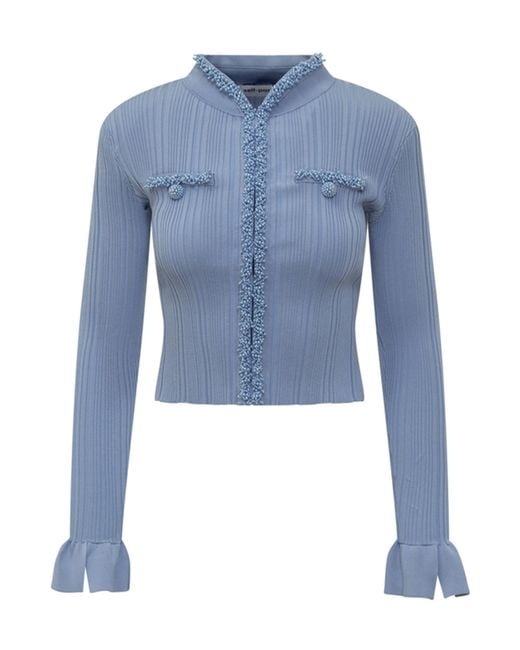 Self-Portrait Blue Fitted Ribbed Knit Cardigan With Pearl Embellishments