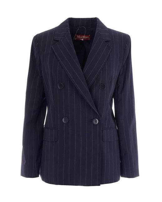Max Mara Blue Pinstripe Canvas Double-Breasted Blazer