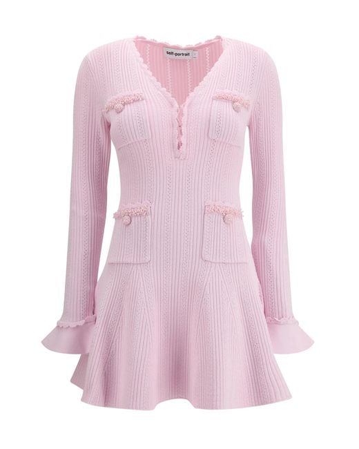 Self-Portrait Pink Pearl Trim Knit Mini Dress