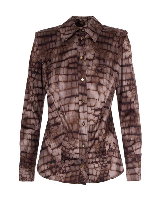 Elisabetta Franchi Brown Tailored Long-Sleeved Shirt With Textured Pattern