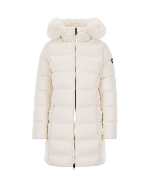 Colmar White Long Puffer Jacket With Fur Trim