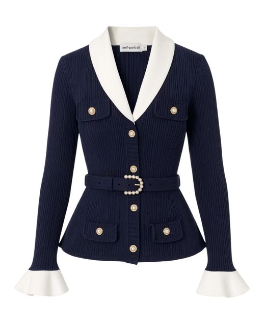 Self-Portrait Blue Cardigan Ribbed Knit