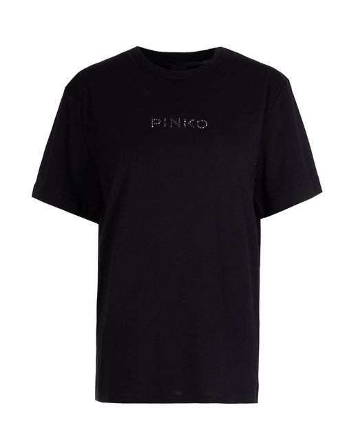 Pinko Black Strass-Embellished Logo T-Shirt With Casual Fit
