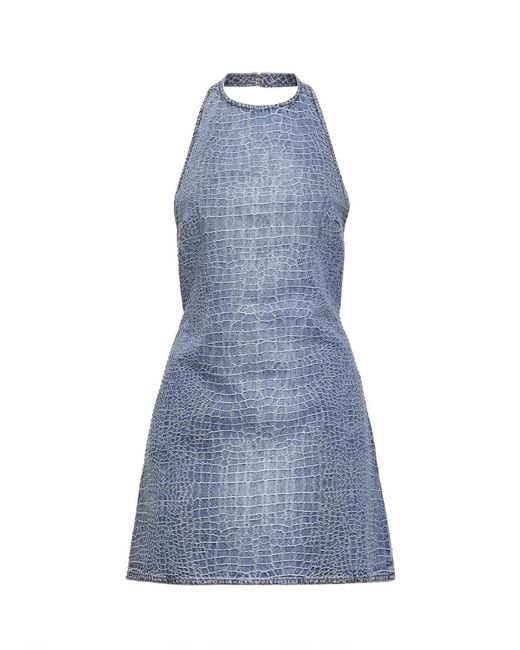 Self-Portrait Blue Rhinestone Croc-Effect Denim Mini Dress