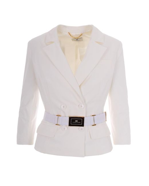 Elisabetta Franchi White Ivory Bi-Elastane Blazer With Classic Lapel And Accents