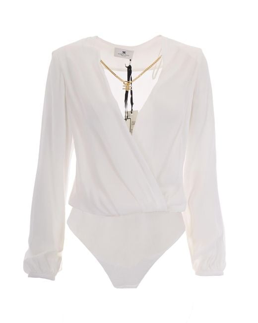 Elisabetta Franchi White Long-Sleeved V-Neck Bodysuit With Structured Shoulders And Detachable Necklace