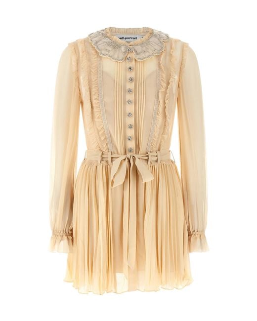 Self-Portrait Natural Mini Georgette Dress With Pleating And Embroidery