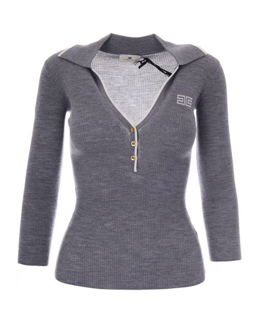 Elisabetta Franchi Blue Polo Costine Grigio Avorio