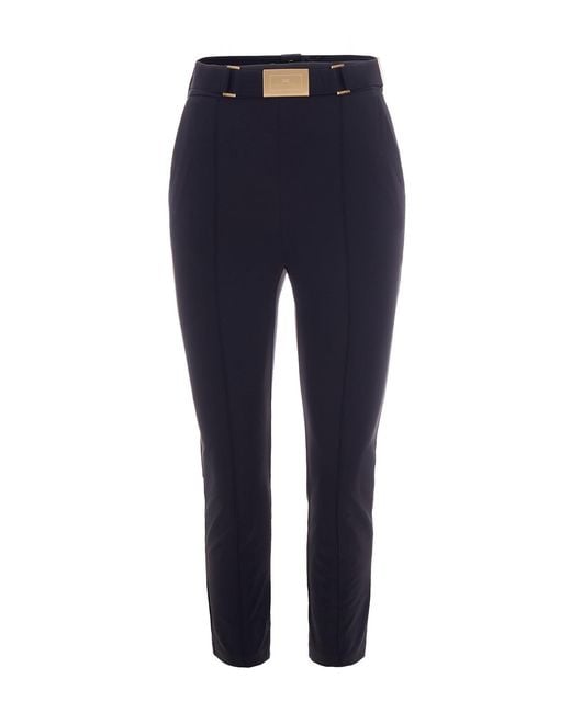 Elisabetta Franchi Blue Technical Bi-Elastic Pants With Laser-Engraved Logo Plaque